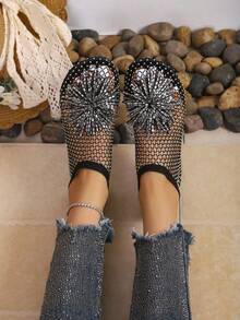 1 Pair Women's Rhinestone Mule Sandals, Round Toe, Open Toe, Breathable Mesh, Flat Slippers, Fashionable Versatile Glamorous Perforated Shoes - Black - View 5