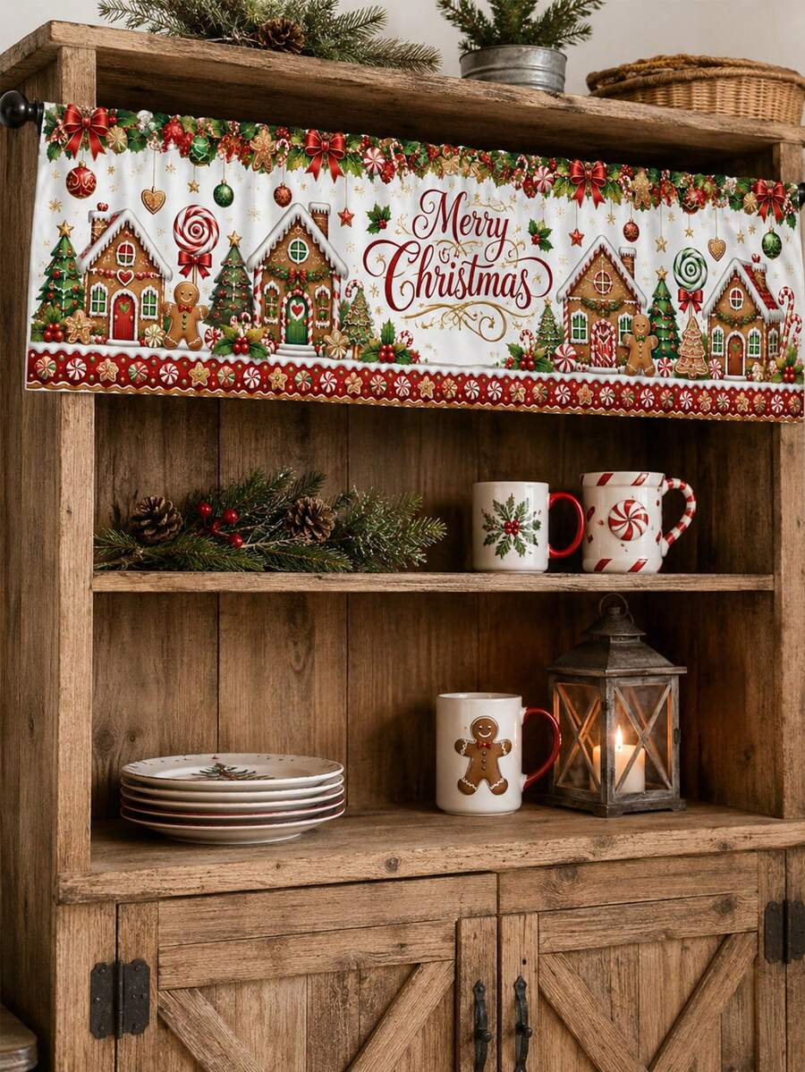 1 buah Tirai Pendek Desa Kue Jahe Natal, Dekorasi Jendela Persegi Panjang Saku Batang Poliester Vintage Unik dengan Manusia Kue Jahe, Rumah-rumah Kue Jahe, Pusaran Permen & Pohon, Dekorasi Rumah Liburan Musim Dingin yang Nyaman untuk Dapur, Kafe - MultiWarna - View 1