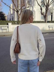Women's Floral Embroidered Knit Sweater, Crew Neck Long Sleeve Pullover, Fall/Winter - White - View 3