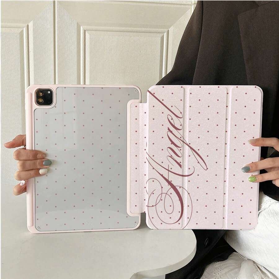 1pc Light Pink Polka Dot Angel Handwritten Tablet Protective Case, Foldable Stand, Multi-Angle Viewing, Suitable For Work And Entertainment, With Pen Slot, Compatible With IPad Pro 2024/Air M3/A16 2025, Compatible With Xiaomi, Compatible With Samsung, Compatible With Huawei MatePad