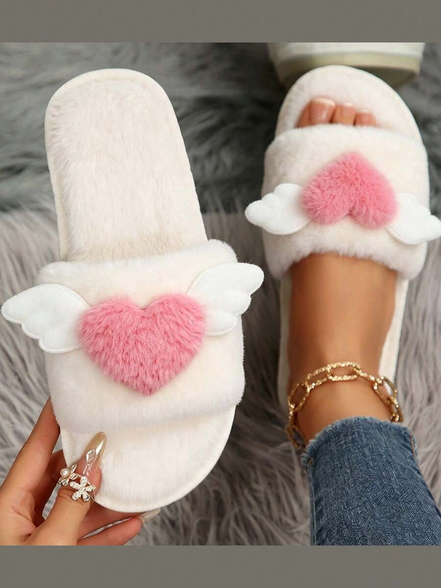 New Autumn/Winter Women's Low Vamp Flat Slippers, Daily Home Fuzzy Slides With Heart Design And Single Strap - White - View 1