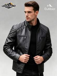 LEDUNTINO Men's Fashion Zipper Casual Outdoor Motorcycle Leather Jacket, Sporty Solid Color Aviator Jacket, Spring/Autumn Stand Collar Windproof Leather Coat - Black - View 1