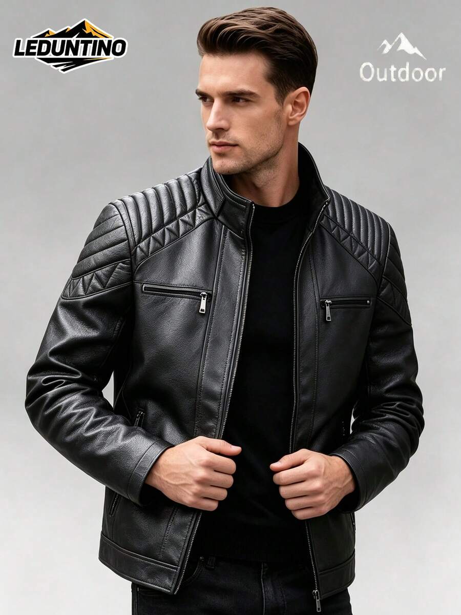 LEDUNTINO Men's Fashion Zipper Casual Outdoor Motorcycle Leather Jacket, Sporty Solid Color Aviator Jacket, Spring/Autumn Stand Collar Windproof Leather Coat - Black - View 1
