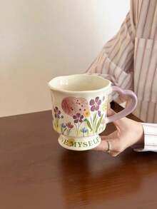 Fashionable High-End Cute Floral Print Ceramic Coffee Cup, Heart-Shaped Handle, Wavy Shell Edge Base Tea Cup, Colorful Country Floral Pattern Ceramic Cup, Exquisite Home Dining Table Drinkware, Sweet Birthday Gift For Girls - Multicolor - View 15