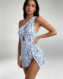 Vestido de baño de una pieza con control de abdomen con estampado azul y blanco para vacaciones de verano - Azul y blanco - Ver 2