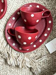 Vintage Polka Dot Distressed Design Coffee Cup And Saucer, Office Afternoon Tea Cup, Glazed Ceramic Breakfast Milk Mug - Burgundy - View 2