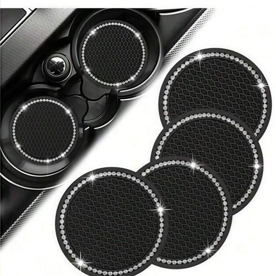 1pc/2pcs Car Cup Holder Coasters, Shiny Cup Holder Inserts, Universal Anti-Slip Silicone Cup Holder Decor, Car Interior Mat, 7cm/2.75in Soft Crystal Rhinestone Rubber Pad Set, Round Car Beverage Cup Coaster, Car Interior Accessories