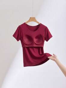 Women's Plus Size 2-In-1 Short Sleeve T-Shirt Solid Activewear Top With Built-In Support - Burgundy - View 8