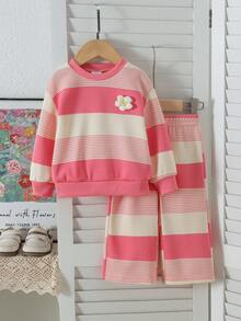 2pcs Baby Girl Sweet Energetic Style 3D Knitted Flower Decor Striped Crew Neck Long Sleeve Sweatshirt & Matching Straight Leg Pants Set, Spring/Autumn - Watermelon Pink - View 1