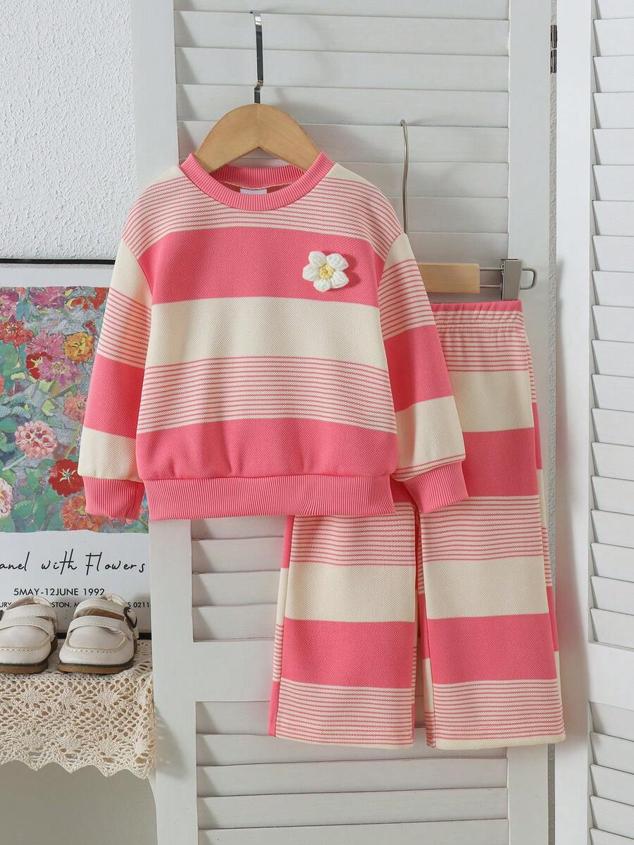2pcs Baby Girl Sweet Energetic Style 3D Knitted Flower Decor Striped Crew Neck Long Sleeve Sweatshirt & Matching Straight Leg Pants Set, Spring/Autumn - Watermelon Pink - View 1