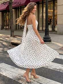 Women Strapless Chiffon Long Dress Polka Dot Tube Flowy Gown With Neck Tie For Travel Going Out Dating Fall Winter - White - View 2