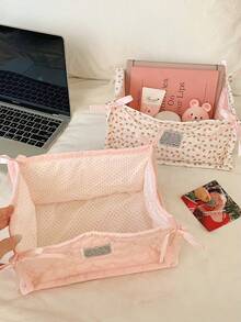 Quilted Storage Basket With Bow Decor, Fashionable Desktop Organizer Box, Large Capacity Floral Polka Dot Pattern Storage Bin, Suitable For Bedroom Vanity To Store Skincare Products And Miscellaneous Items, Foldable Home Storage Basket - Multicolor - View 4