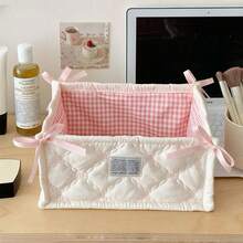 Quilted Storage Basket With Bow Decor, Fashionable Desktop Organizer Box, Large Capacity Floral Polka Dot Pattern Storage Bin, Suitable For Bedroom Vanity To Store Skincare Products And Miscellaneous Items, Foldable Home Storage Basket - Multicolor - View 13