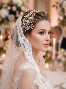 1pc Romantic Exquisite Rhinestone Decorated Resin Flower Embellished Headband Wedding Accessory Celebration Party Women's Dress Up - Gold - View 5