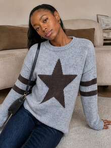 Women's Large Star Jacquard Knit Round Neck Striped Long Sleeve Pullover Sweater Top Fall - Grey - View 5
