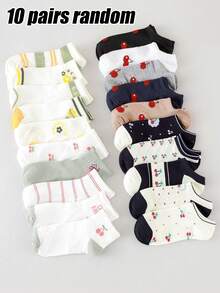 5/10 Pairs Random Women's Cherry Blossom Striped Print Socks, Soft Cute Sweet Casual Socks, Suitable For Daily Wear And Sports - Multicolor - View 7