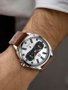 Never-Stop Men's Quartz Watch Round Color-Block Multifunction Chronograph Dial Stitched Embossed Leather Strap Workwear Men's Watch Multi-Color Options Daily Versatile Holiday Gift - one-size - View 6