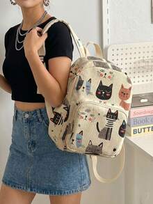 1PC Kitten‑Print Women Mini Backpack, Corduroy Girl School Bag, Travel Storage Bag, Large Capacity Foldable Lightweight Backpack, Multi‑Pocket Layered Design With Zipper Closure - Cartoon Kitten 23455 - View 3