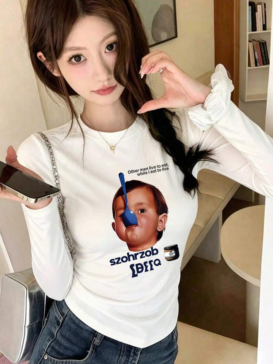 Kaos Wanita Generasi Z Y2K Lengan Pendek Panjang Motif Lucu Musim Semi Musim Gugur Gaya Korea Leher Bulat Serbaguna Kasual Slim Fit - Putih - View 1
