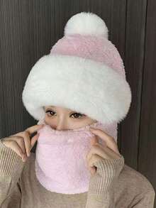 1pc Thickened Plush Warm Knitted Hat, 1pc Windproof Scarf, 1pc Cold-Proof Mask, Suitable For Outdoor Cycling, Skiing Winter Warm Hat, With Fluffy Design, Solid Color Thickened Plush Material, With Windproof Hood, Ear Protection, Windproof Ski Hat, For Women Outdoor Use - Multicolor - View 3