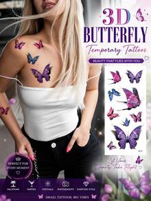 3D Butterfly Temporary Tattoos For Women, Colorful Realistic Butterfly Tattoo Stickers, Waterproof Long-Lasting Body Art For Chest, Shoulder, Arm, Parties, Festivals, Vacations & Everyday Style - Multicolor - View 5