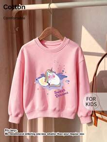 Children's Crew Neck Sweatshirt, Cartoon Unicorn Sweet Dream Star Moon Pattern Print Pure Cotton Pullover - Pink - View 3