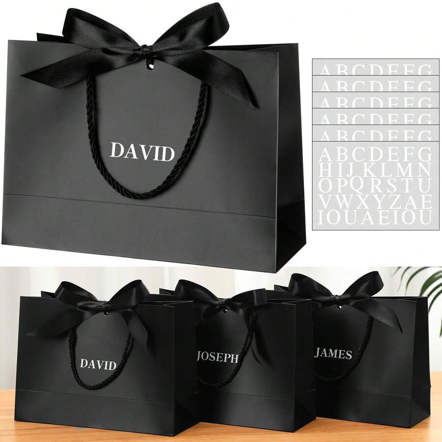 6 buah Kantong Kertas Kado Pengiring Pengantin Pria dengan Stiker Huruf Nama, Kantong Kado Hitam yang Dipersonalisasi dengan Pita Satin dan Pegangan Tali, Cocok untuk Souvenir Pesta Pernikahan, Kemasan Kado Pesta Lajang