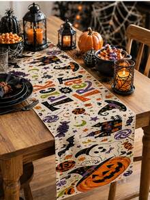 1 pc Taplak Meja Panjang Linen Halloween Trick Or Treat, Motif Cetak Huruf Warna-warni dengan Pola Permen Hantu Topi Penyihir dan , Dekorasi Meja Makan Dapur Gaya Farmhouse, Cocok untuk Pesta Halloween - MultiWarna - View 6
