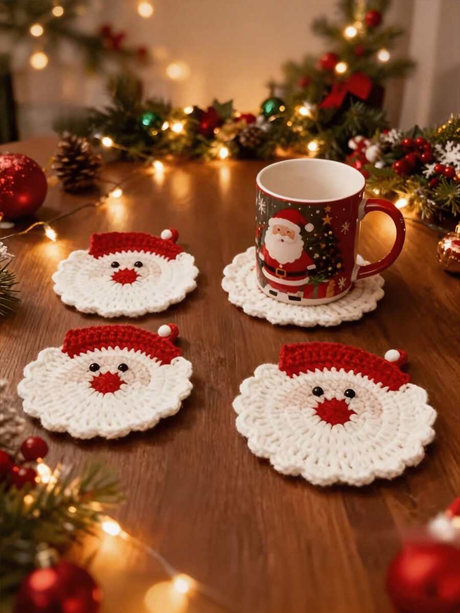 3pcs/Set Handmade Crochet Christmas Coasters Set, Santa Claus Snowflake Heat Resistant Non Slip Coffee Tea Cup Mats, Festive Holiday Table Decor For Home Kitchen Dining, Perfect Xmas Gift, Assorted Designs. Christmas Decrations, Room Decor - Multicolor - View 1