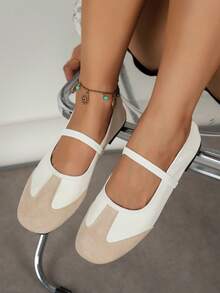Women Vintage Patchwork Mary Jane Flats Elastic Band Light Weight Daily Wear Flat Shoes - White - View 3