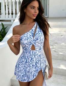Vestido de baño de una pieza con control de abdomen con estampado azul y blanco para vacaciones de verano - Azul y blanco - Ver 3