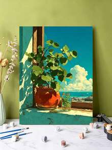 DIY Potted Plant By Sea View (Frameless Or Framed 8x12 / 16x20 Inches) Paint By Numbers Kit(Acrylic) Arts & Crafts For Adult Beginners, Relaxing Home Wall Decor, And Perfect Holiday Gifts And Room Decorations - Sets - View 5