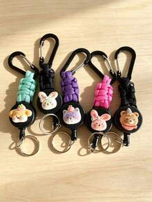 Cute Animal Retractable Lanyard Colorful Braided Rope Enhanced Pull Force Anti-Theft Device Retractable Keychain Thickened Twisted Rope Outdoor Retractable Lanyard Work ID Badge Retractable Clip Multifunctional Anti-Loss Keychain - Multicolor - View 9