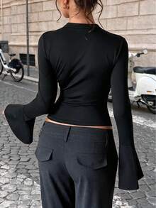 Fashionable Stand Collar Solid Color Button Design Slim Fit Flared Sleeve Top - Black - View 5