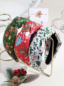 1pc Women's Fashion Christmas Tree & Gingerbread Man Print Wide Knotted Headband, Suitable For Christmas Wear - Multicolor - View 1