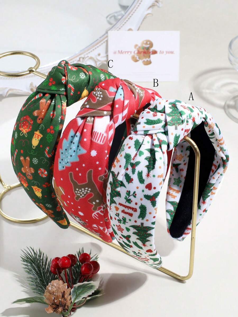 1pc Women's Fashion Christmas Tree & Gingerbread Man Print Wide Knotted Headband, Suitable For Christmas Wear - Multicolor - View 1