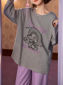 Gongdie 2 Pieces Disney Women's Pajama Set,Fall Gray Striped Soft Cotton Loungewear With Pocket - Grey - View 3