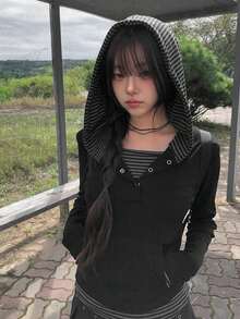 Striped Patchwork Design 2 In 1 Button Hooded Long Sleeve T-Shirt - Black - View 1