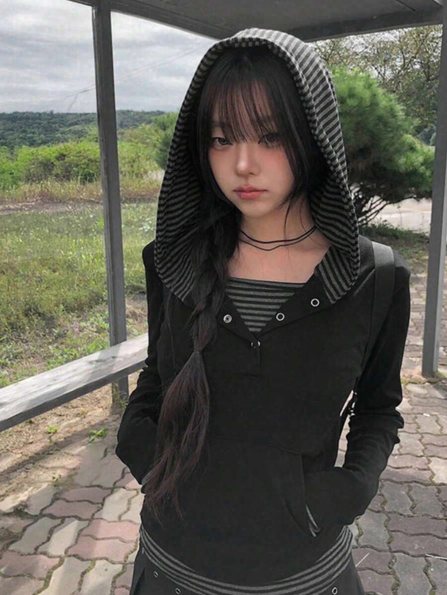 Striped Patchwork Design 2 In 1 Button Hooded Long Sleeve T-Shirt - Black - View 1