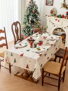 MineLain 1pc Christmas Rectangular Tablecloth, Red And Green Christmas Tree Print Pattern, Beige Tassel Fringe, Coffee Table, Bedside Cabinet, Cupboard, Small Round Table Cover, Dining Table Decoration, Autumn Home Decor, Restaurant, Dining, Party And Holiday Event Decoration, New Year Christmas Gift, Merry Christmas, Autumn/Winter Decoration - Multicolor - View 1