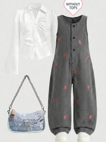 1 buah Overall Denim Bordir Stroberi untuk Anak Perempuan, Tanpa Lengan, Kancing Depan, Kasual, Longgar, Potongan Lurus - Grey - View 1