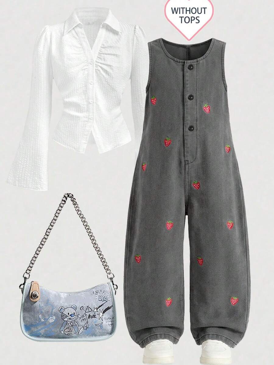 1 buah Overall Denim Bordir Stroberi untuk Anak Perempuan, Tanpa Lengan, Kancing Depan, Kasual, Longgar, Potongan Lurus - Grey - View 1