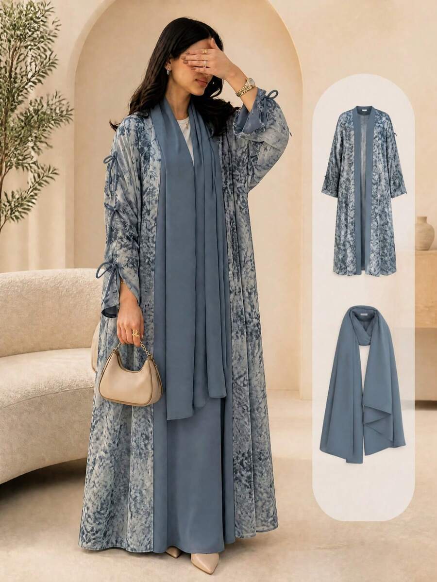 Modest Style Muslim Tie-Dye Print Set With Bow Decor (Includes Hijab), Summer Casual Jacket With Solid Color Front Buttons And Waist Belt - Dusty Blue - View 1