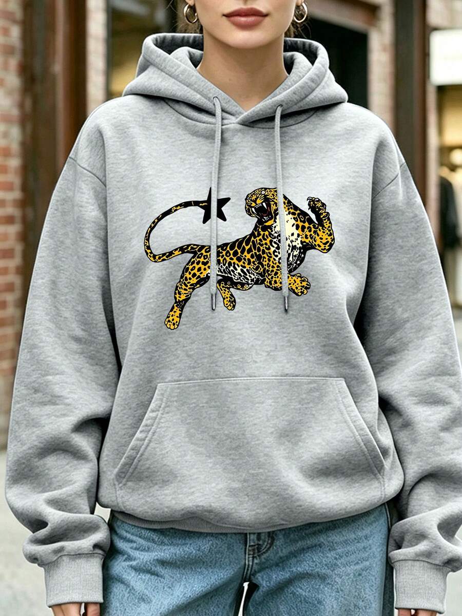 Plus-Size Women's Hoodie With A Cartoon Leopard Print, Drawstring Pockets, Casual Sports Style, Autumn And Winter Version, Patterned Sweatshirt. - Grey - View 1
