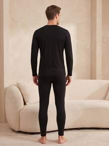 1 Set Men's Knitted Wool & Silk Seamless Casual Homewear Outfit, Medium Thickness, Warm For Autumn/Winter/Spring - Black - View 2
