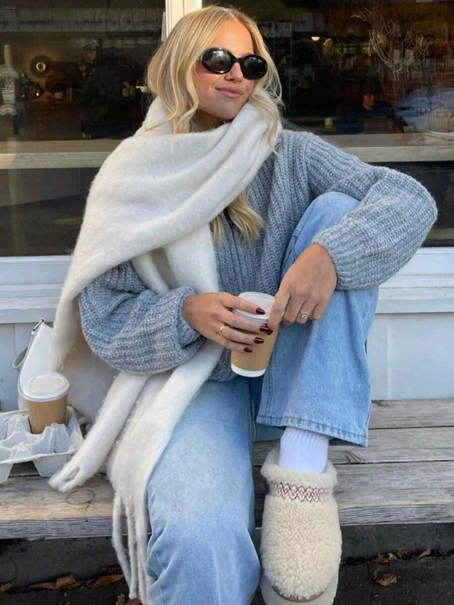 1pc Thick Solid Color Fluffy Tassel Scarf, Warm Autumn/Winter Fashion Unisex Shawl, Soft & Comfortable Blanket Scarf Suitable For Daily Wear For Dress - White - View 1