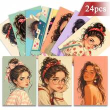 24pcs+A Red Envelope Charming Aesthetic Postcards, Exquisite Girl Sweet Expressions, Suitable For Friend Birthday Celebration, Vintage Art Style Decorative Stationery - Sets - View 12