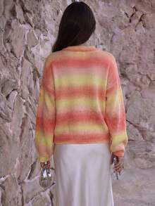 FOR BEAUTY Fall Winter Women Sweaters Y2K Chic Ombre Striped Crewneck Knit Tops Sunset Gradient Loose Pullover Lantern Sleeve Date Brunch Outfits - Multicolor - View 6