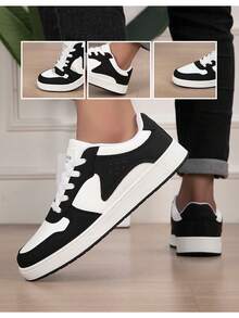 Men's Colorblock Casual Skate Shoes, Breathable Non-Slip Flat Bottom Sports Sneakers - Black and White - View 6