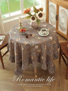 1pc Color Block Ruffle Edge Tablecloth, Floral Print, Autumn/Winter Vibe, Farmhouse Style, Suitable For Dining Table Decor, Picnic Tablecloth, Holiday Celebration, Party Gathering, Birthday Banquet, Daily Dining Table, Kitchen And Dining Room Decoration, All Seasons, Home Decor - Brown - View 5